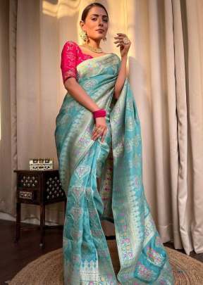 Beautiful Jacquard Weave Pure Banarasi Copper Zari Weaving  Silk Saree Sky Color