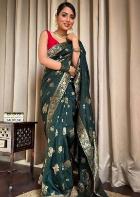 Beautiful Jacquard Weave Pure Banarasi Copper Zari Weaving  Silk Saree Green Color 
