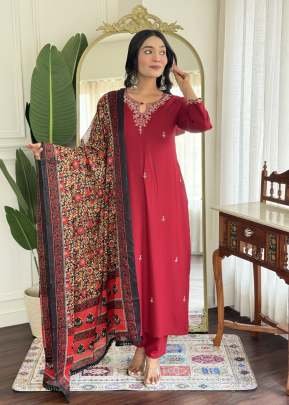 Beautiful Kashish Pure Viscose Reyon And Embroidery Work With Coton Dupatta 3 Pices Kurti Set Maroon Color 