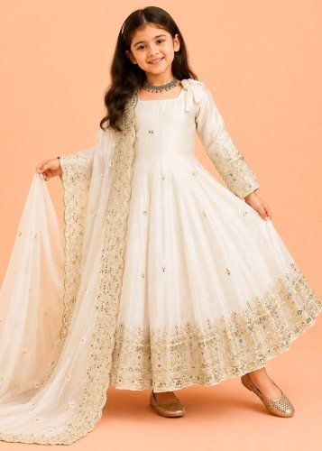 Beautiful Kids Gown Set Heavy Fendy Silk With Sequence Embroidery Work With Latkan Dori Cream Color LFH OC DN 252