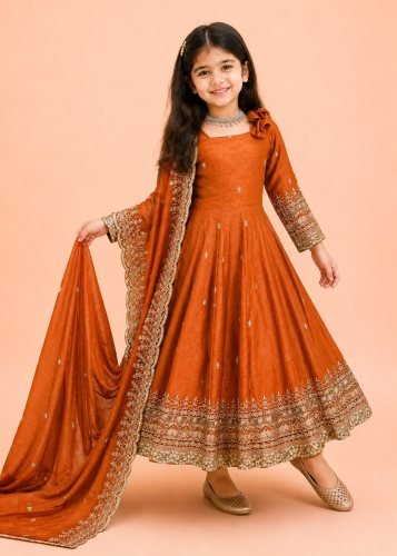 Beautiful Kids Gown Set Heavy Fendy Silk With Sequence Embroidery Work With Latkan Dori Orange Color LFH OC DN 252