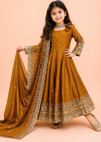 Beautiful Kids Gown Set Heavy Fendy Silk With Sequence Embroidery Work With Latkan Dori Mustard Yellow Color LFH OC DN 252
