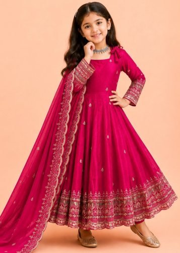 Beautiful Kids Gown Set Heavy Fendy Silk With Sequence Embroidery Work With Latkan Dori Rani Pink Color LFH OC DN 252
