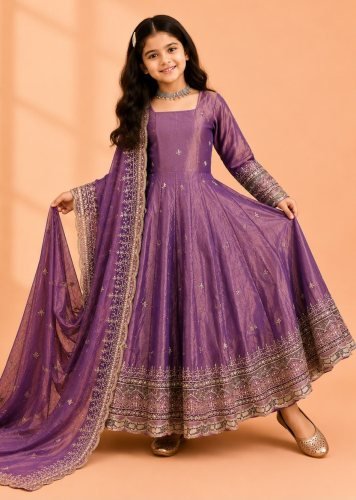 Beautiful Kids Gown Set Heavy Fendy Silk With Sequence Embroidery Work With Latkan Dori Lavender Color LFH OC DN 252