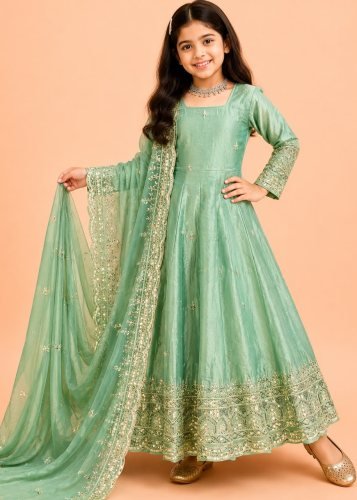 Beautiful Kids Gown Set Heavy Fendy Silk With Sequence Embroidery Work With Latkan Dori Mint Green Color LFH OC DN 252