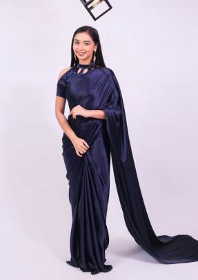 Beautiful Party Wear Satin Soft  Ready To Wear Saree Navy Blue Color 