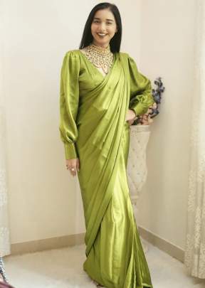 Beautiful Party Wear Satin Soft  Ready To Wear Saree Middle Green Yellow Color 
