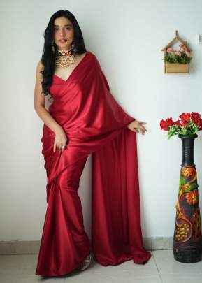 Beautiful Party Wear Satin Soft  Ready To Wear Saree Red Color 