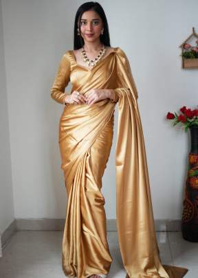 Beautiful Party Wear Satin Soft  Ready To Wear Saree Golden Color 