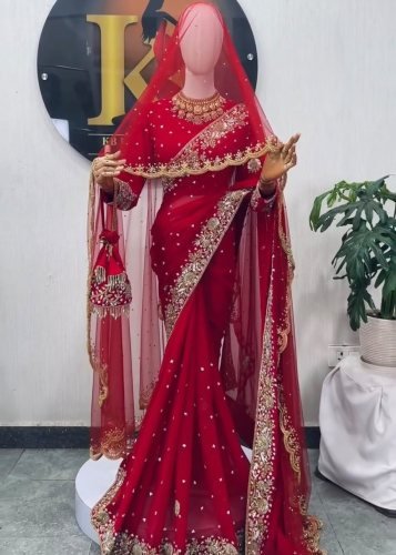Beautiful Premium Soft Rangoli Silk  Sequins Embroidery Work In Soft Net Red Color LFH NC 5635