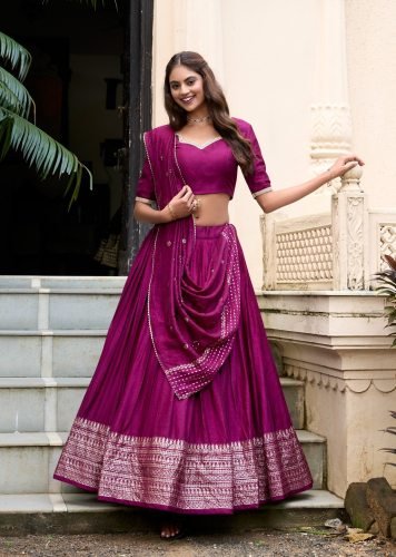 Beautiful Pure Chanderi Plain With Zari Weaving Work Border Lehenga Wine Color LFH LNB DN 1906 