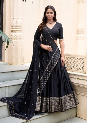 Beautiful Pure Chanderi Plain With Zari Weaving Work Border Lehenga Black Color LFH LNB DN 1906 
