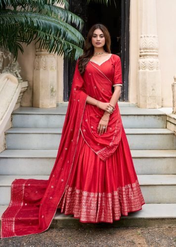 Beautiful Pure Chanderi Plain With Zari Weaving Work Border Lehenga Red Color LFH LNB DN 1906 