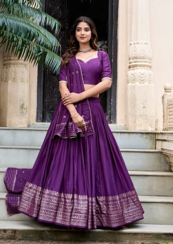 Beautiful Pure Chanderi Plain With Zari Weaving Work Border Lehenga Dark Purple Color LFH LNB DN 1906 