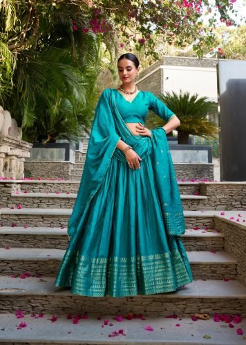 Beautiful Pure Chanderi Plain With Zari Weaving Work Border Lehenga Teal Color LFH LNB DN 1906 