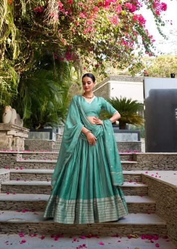 Beautiful Pure Chanderi Plain With Zari Weaving Work Border Lehenga Green Color LFH LNB DN 1906 