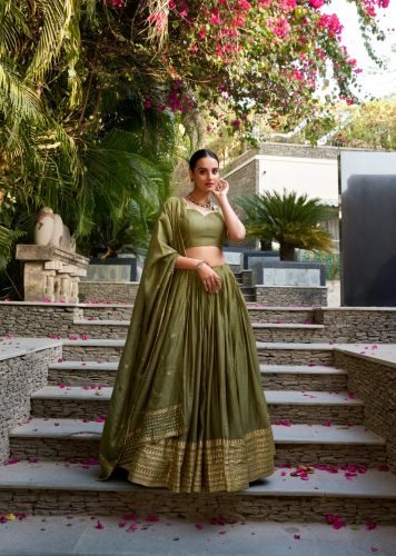 Beautiful Pure Chanderi Plain With Zari Weaving Work Border Lehenga Mehndi Green Color LFH LNB DN 1906 