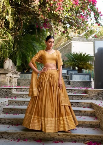 Beautiful Pure Chanderi Plain With Zari Weaving Work Border Lehenga Mustard Yellow Color LFH LNB DN 1906 
