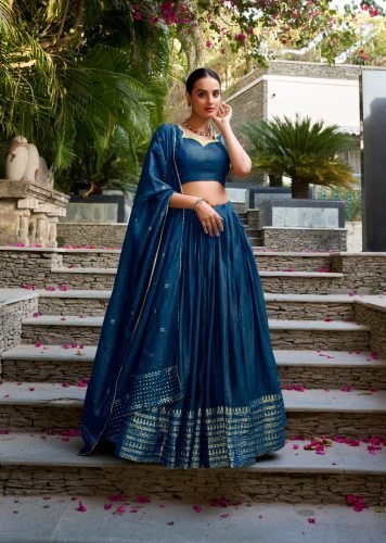 Beautiful Pure Chanderi Plain With Zari Weaving Work Border Lehenga Navy Blue Color LFH LNB DN 1906 