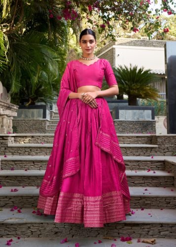 Beautiful Pure Chanderi Plain With Zari Weaving Work Border Lehenga Pink Color LFH LNB DN 1906 