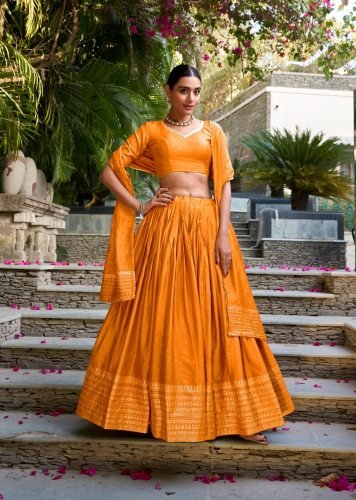Beautiful Pure Chanderi Plain With Zari Weaving Work Border Lehenga Orange Color LFH LNB DN 1906 