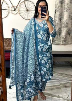 Beautiful Pure Cotton Floral Afghani Party Wear Suit Blue Color