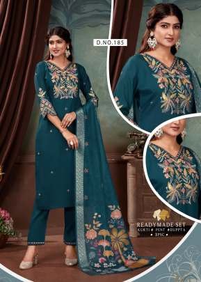 Beautiful Roman Silk Embroidery Work And Sequence With Premium Sleeves Design 3 Piece Kurti Rama Color 