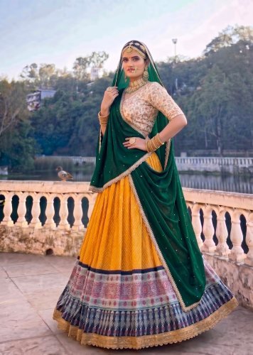 Beautiful Royal Marwadi Rajasthani Lehenga Choli  Bandhej And Ajrakh Print Embroidery Work Green And Red Color LFH LNB E1416