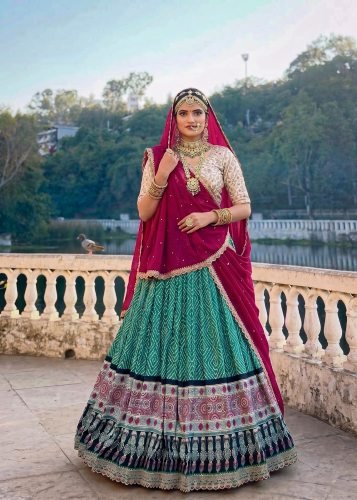 Beautiful Royal Marwadi Rajasthani Lehenga Choli  Bandhej And Ajrakh Print Embroidery Work Bottle Green Color LFH LNB E1416