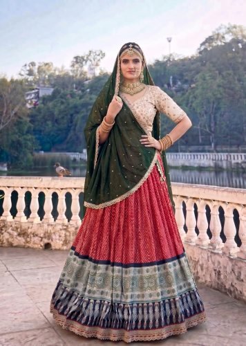 Beautiful Royal Marwadi Rajasthani Lehenga Choli  Bandhej And Ajrakh Print Embroidery Work Dark Green And Red Color LFH LNB E1416