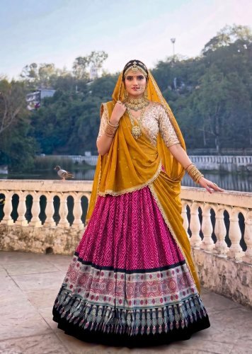 Beautiful Royal Marwadi Rajasthani Lehenga Choli  Bandhej And Ajrakh Print Embroidery Work mustard yellow And Pink Color LFH LNB E1416
