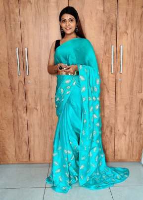 Beautiful Satin Silk Saree With Foil Work Ready To Wear Saree Sky Color