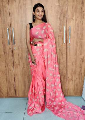 Beautiful Satin Silk Saree With Foil Work Ready To Wear Saree Gajri Color