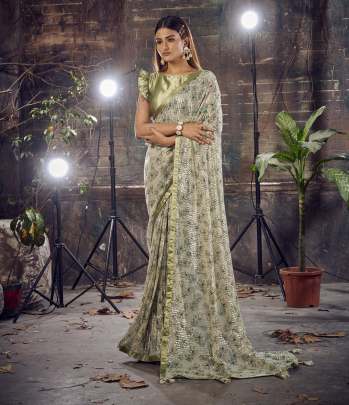 Beautiful Sequence Embroidery Work Exclusive Designer Party Wear Saree Pista Green Color