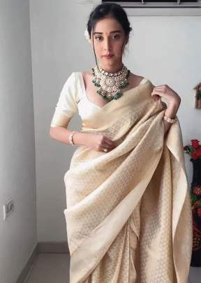 Beautiful Soft Lichi Silk With Jacqard  Work Ready To Wear Saree Cream Color