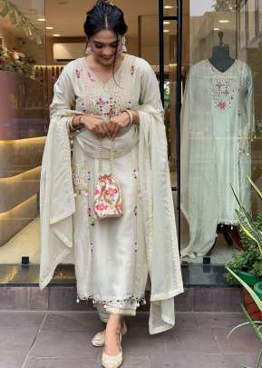 Beautifully Pure Roman Silk And Embroidery Work With Patch Print Must Have for Festival In Kurti Set White Color