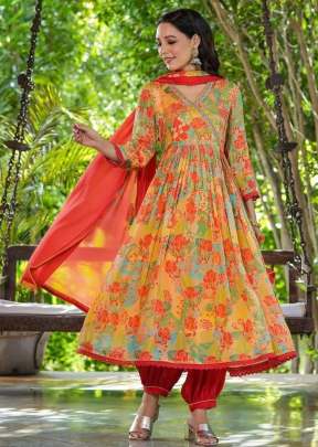 Bichchhu Muslin Alia Cut Anarkali Kurtis With Pent Dupatta Red Color