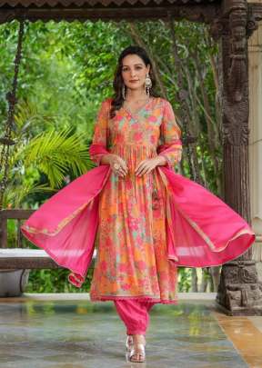 Bichchhu Muslin Alia Cut Anarkali Kurtis With Pent Dupatta Pink Color