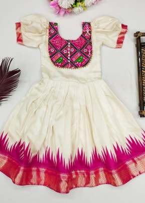 Binny Crepe Beautiful Stitched  Dola Silk With Viscose Border Design Kids Kurti White And Rani Color