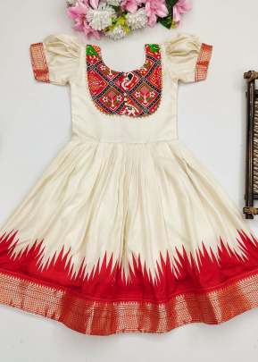 Binny Crepe Beautiful Stitched  Dola Silk With Viscose Border Design Kids Kurti White And Red Color