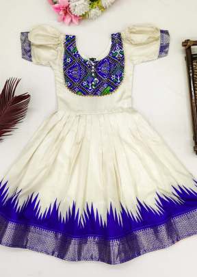 Binny Crepe Beautiful Stitched  Dola Silk With Viscose Border Design Kids Kurti White And Nevy Blue Color