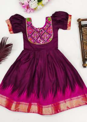 Binny Crepe Beautiful Stitched  Dola Silk With Viscose Border Design Kids Kurti Wine And Rani  Color