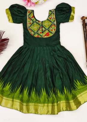 Binny Crepe Beautiful Stitched  Dola Silk With Viscose Border Design Kids Kurti Green And Parrot Color
