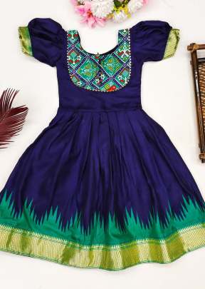 Binny Crepe Beautiful Stitched  Dola Silk With Viscose Border Design Kids Kurti Royal Blue  And Green Color