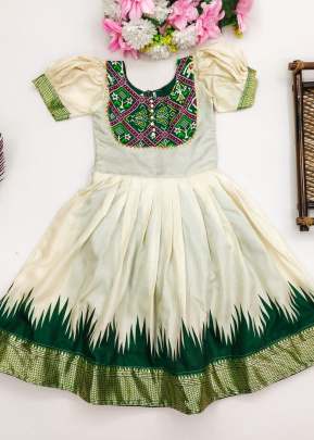 Binny Crepe Beautiful Stitched  Dola Silk With Viscose Border Design Kids Kurti White And Green Color