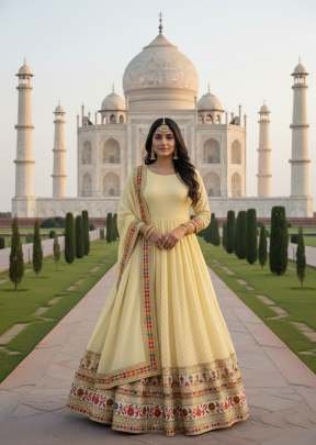 Bridal Anarkali Gown Boutique Collection in Heavy Faux Georgette with Sequence Embroidery Light Yellow Color KB DN 3307