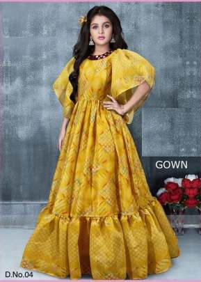 Chanderi Sequence And Thread Work With Digital Print Children Gown Yellow Color DN 04