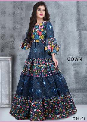 Chanderi Sequence And Thread Work With Digital Print Children Gown Blue Color DN 01