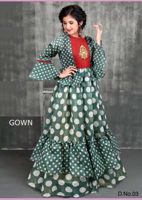 Chanderi Sequence And Thread Work With Digital Print Children Gown Rama Green Color DN 03