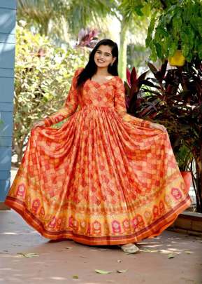 Chinnon With Sequence And Position Print Work Anarkali Gown Orange Color KA DN 1015